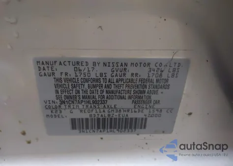 2017 Nissan Versa 1.6 Sv z USA, uszkodzony, nr VIN 3N1CN7AP1HL902337